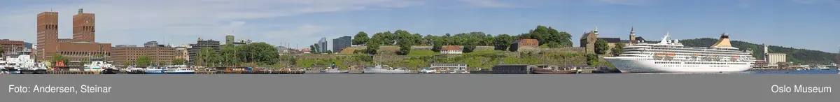 Panorama, utsikt, cruiseskip, seilskute, brygger, havn, fjord, Oslo øst, Oslo vest, Rådhuset, Akershus Festning