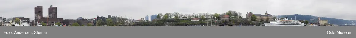 Panorama, utsikt, cruiseskip, seilskute, brygger, havn, fjord, Oslo øst, Oslo vest, Rådhuset, Akershus Festning