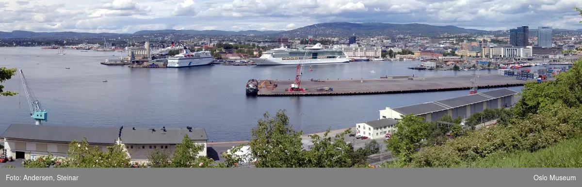 Panorama, utsikt, cruiseskip, havn, fjord, turistbåter, Rådhuset, Akershus Festning, Vippetangen, Sørenga, Ekebergåsen,