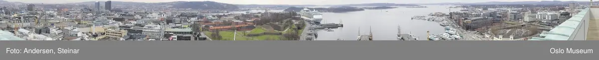 Panorama, byprospekt, skip, cruiseskip, containere, Akershus Festning, Rådhuset, Havnelageret, byggevirksomhet, kraner, utsikt over Oslo, havna, høyhus, mudring, Bjørvika