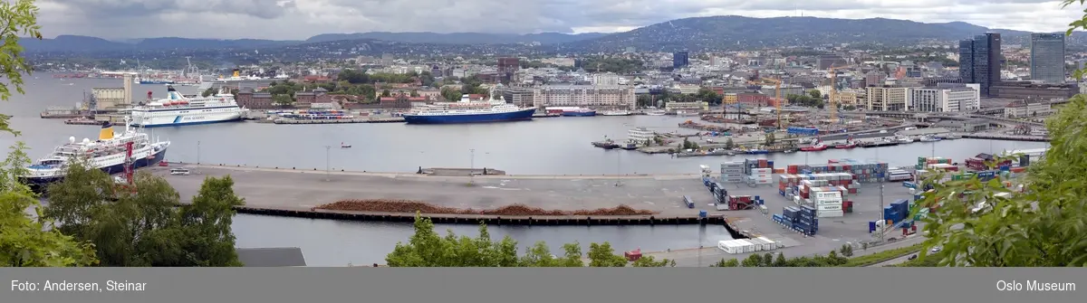 Panorama, utsikt, cruiseskip, havn, fjord, turistbåter, Rådhuset, Akershus Festning, Vippetangen, Sørenga, Ekebergåsen,