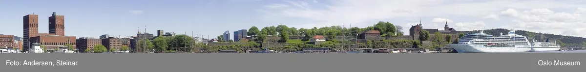 Panorama, utsikt, cruiseskip, seilskute, brygger, havn, fjord, Oslo øst, Oslo vest, Rådhuset, Akershus Festning