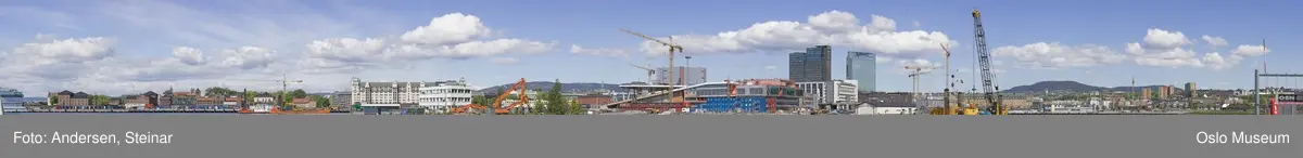Panorama, sjø, havn, fjord, båt, skip, festning, byggearbeider, kran, mudder,