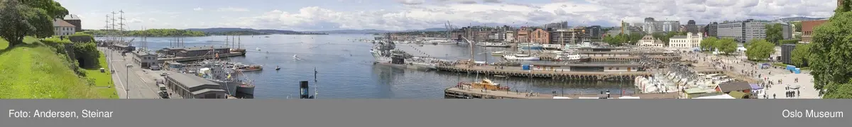 Panorama, utsikt, cruiseskip, seilskute, brygger, havn, fjord, Oslo øst, Oslo vest, Rådhuset, Akershus Festning