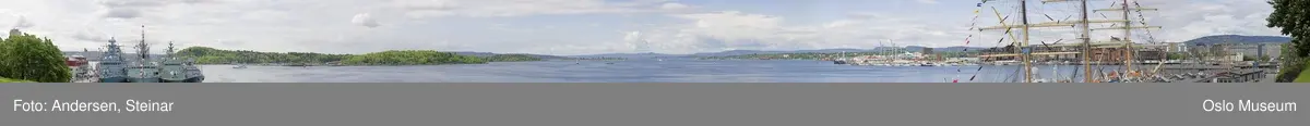 Panorama, utsikt, cruiseskip, seilskute, brygger, havn, fjord, Oslo øst, Oslo vest, Rådhuset, Akershus Festning