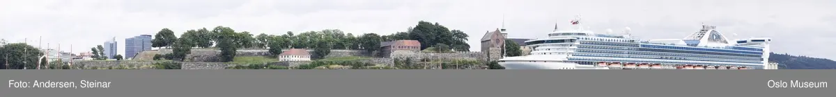 Panorama, utsikt, cruiseskip, seilskute, brygger, havn, fjord, Oslo øst, Oslo vest, Rådhuset, Akershus Festning