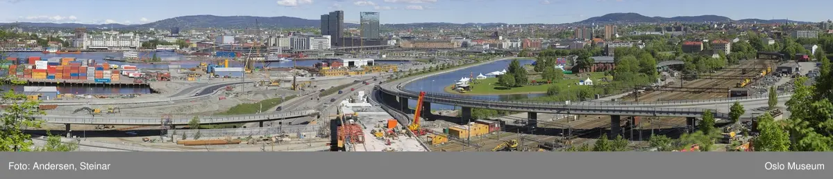 Panorama, sjø, havn, fjord, båt, skip, festning, byggearbeider, kran, mudder,