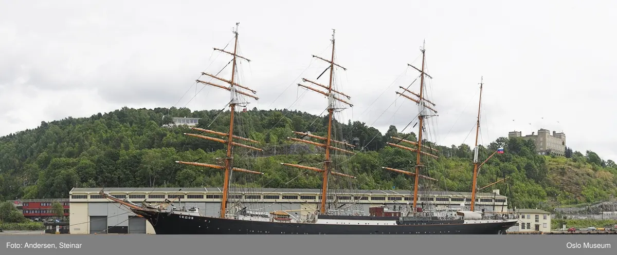 Panorama, utsikt, cruiseskip, seilskute, brygger, havn, fjord, Oslo øst, Oslo vest, Rådhuset, Akershus Festning