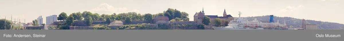 Panorama, utsikt, cruiseskip, seilskute, brygger, havn, fjord, Oslo øst, Oslo vest, Rådhuset, Akershus Festning