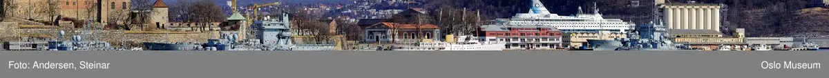 Panorama, utsikt, cruiseskip, seilskute, brygger, havn, fjord, Oslo øst, Oslo vest, Rådhuset, Akershus Festning