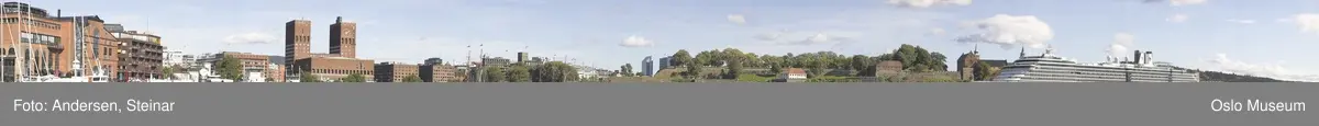 Panorama, utsikt, cruiseskip, seilskute, brygger, havn, fjord, Oslo øst, Oslo vest, Rådhuset, Akershus Festning