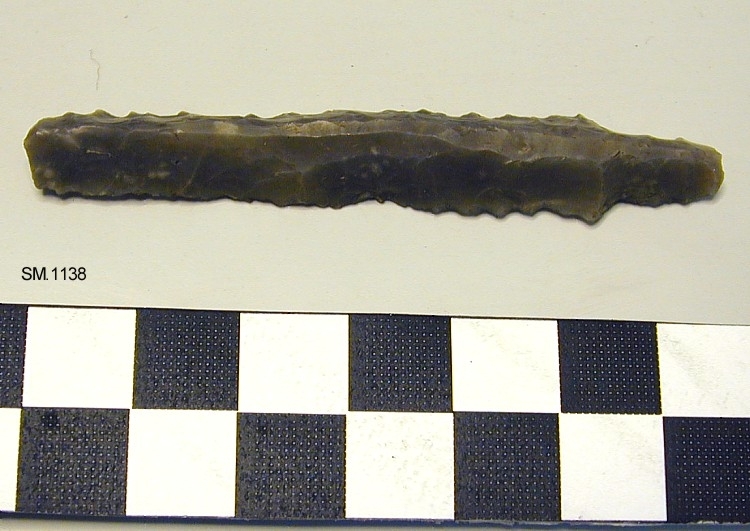 Pilspiss av grå, pen flint, tresidig, med tannede egglinjer, som Gjessing: 1.c. fig.174. Odden og ytterste del av tangen er avbrukket, ellers bra bevart, meget pent hugget med et tverrsnitt som en likesidet trekant. Ingen funnopplysninger.
