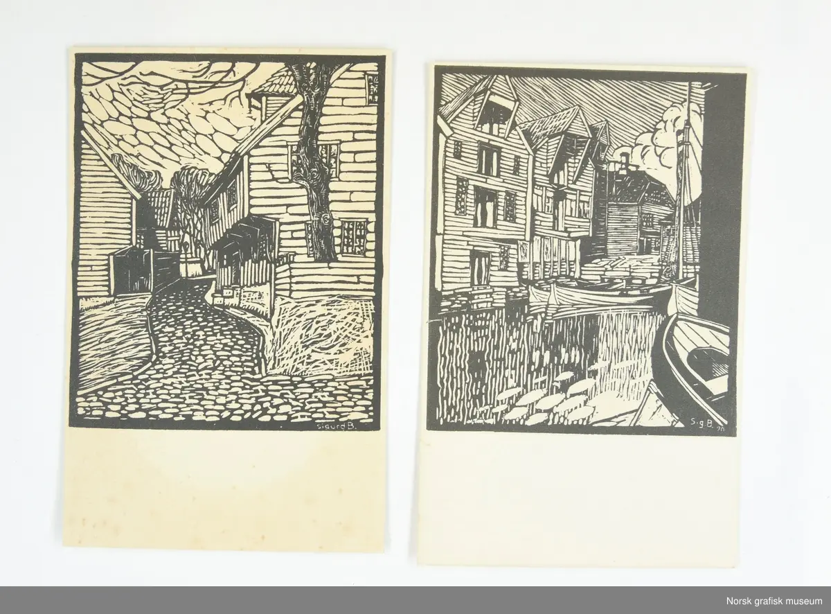 Postkortmappe med tresnittmotiv fra Stavanger