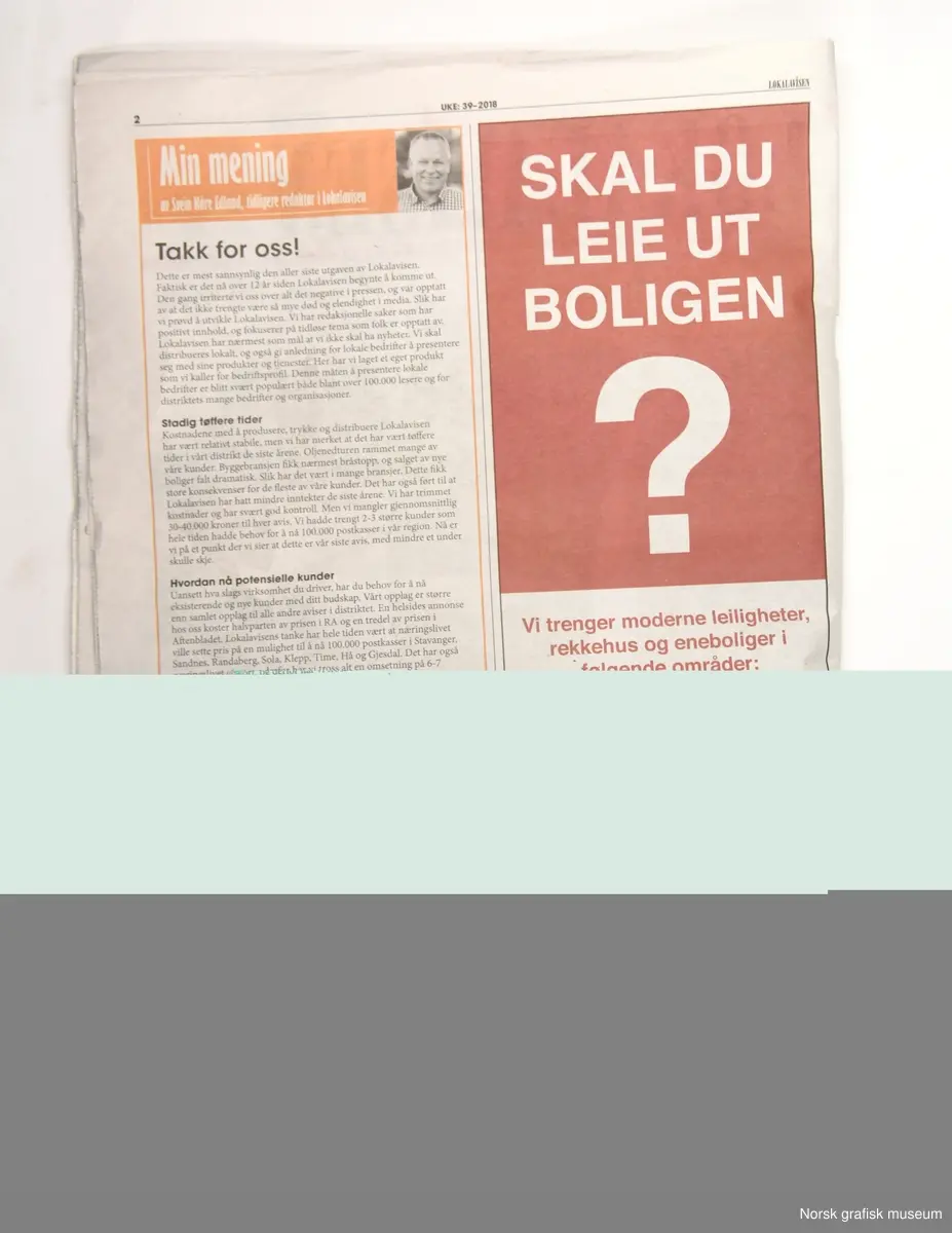 Siste utgave av Lokalavisen før den ble nedlagt.