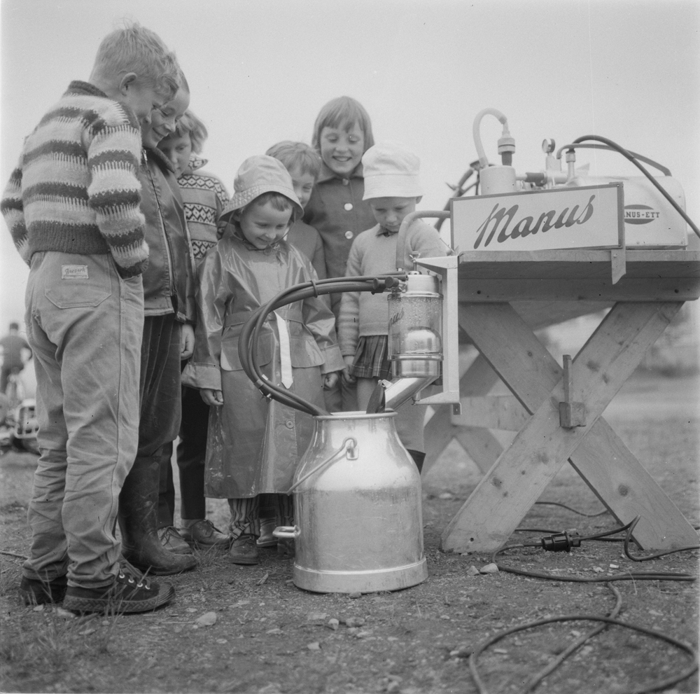 Meieri-jubileum 1960. Barn som ser på demonstrasjon av Manus melkemaskin.