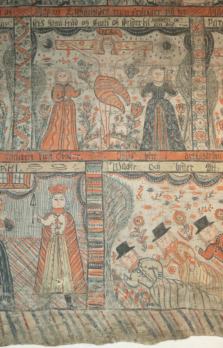 Bonadsmålning av okänd konstnär från Sunnerbogruppen utförd i tempera baserad på ägg och eventuellt mjöl (Nyström 2012:150-151) målad på grovt tuskaftvävt linnetyg. Motiven framställer bilder ur Kristi lidande historia samt Salomo som dömmer emellan två skökor.  "ANNO 1834" finns skrivet på del av vit bård till vänster om mitten.
Linnetyget består av två bredare horisontella våder hopsydda stad till stad samt en smalare hopsydd av två delar längs nederkanten. Ett par mindre papperslappar har använts som laglappar och limmades fast före målningen utfördes.

Inskrivet i huvudkatalog 1867.