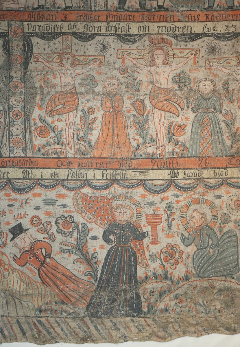 Bonadsmålning av okänd konstnär från Sunnerbogruppen utförd i tempera baserad på ägg och eventuellt mjöl (Nyström 2012:150-151) målad på grovt tuskaftvävt linnetyg. Motiven framställer bilder ur Kristi lidande historia samt Salomo som dömmer emellan två skökor.  "ANNO 1834" finns skrivet på del av vit bård till vänster om mitten.
Linnetyget består av två bredare horisontella våder hopsydda stad till stad samt en smalare hopsydd av två delar längs nederkanten. Ett par mindre papperslappar har använts som laglappar och limmades fast före målningen utfördes.

Inskrivet i huvudkatalog 1867.