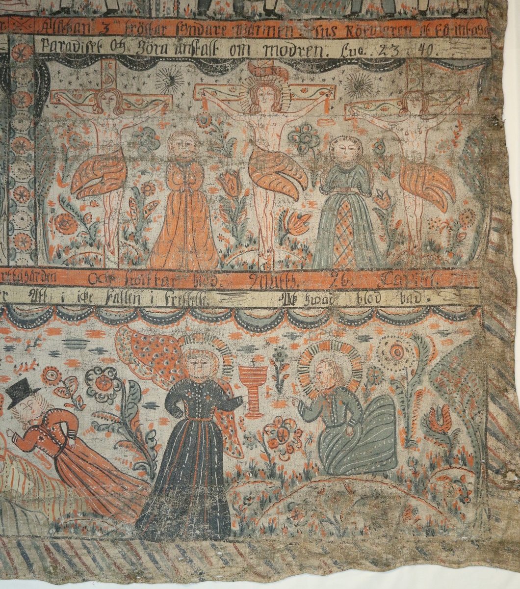 Bonadsmålning av okänd konstnär från Sunnerbogruppen utförd i tempera baserad på ägg och eventuellt mjöl (Nyström 2012:150-151) målad på grovt tuskaftvävt linnetyg. Motiven framställer bilder ur Kristi lidande historia samt Salomo som dömmer emellan två skökor.  "ANNO 1834" finns skrivet på del av vit bård till vänster om mitten.
Linnetyget består av två bredare horisontella våder hopsydda stad till stad samt en smalare hopsydd av två delar längs nederkanten. Ett par mindre papperslappar har använts som laglappar och limmades fast före målningen utfördes.

Inskrivet i huvudkatalog 1867.