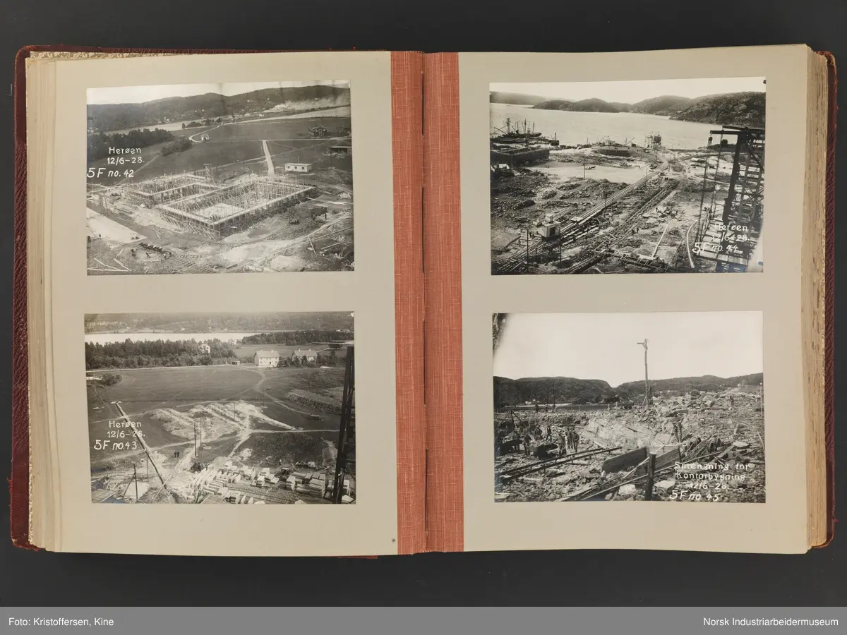 Fotoalbum med 88 sider og 164 innlimte fotografier fra Norsk Hydro på Herøya. Fotografiene viser starten av Eidanger Salpeterfabriker