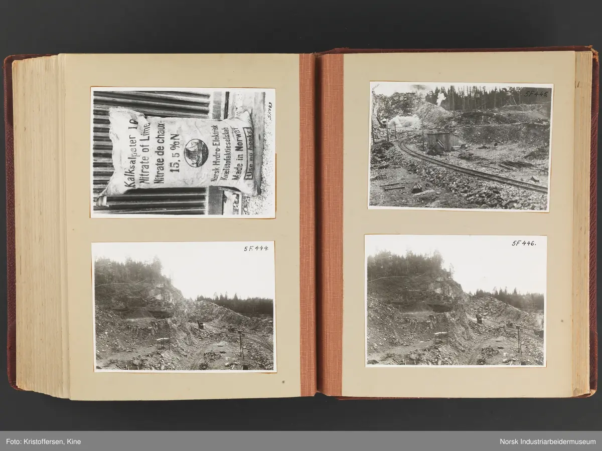 Fotoalbum med 88 sider og 116 innlimte fotografier fra Norsk Hydro på Herøya. Fotografiene viser starten av Eidanger Salpeterfabriker