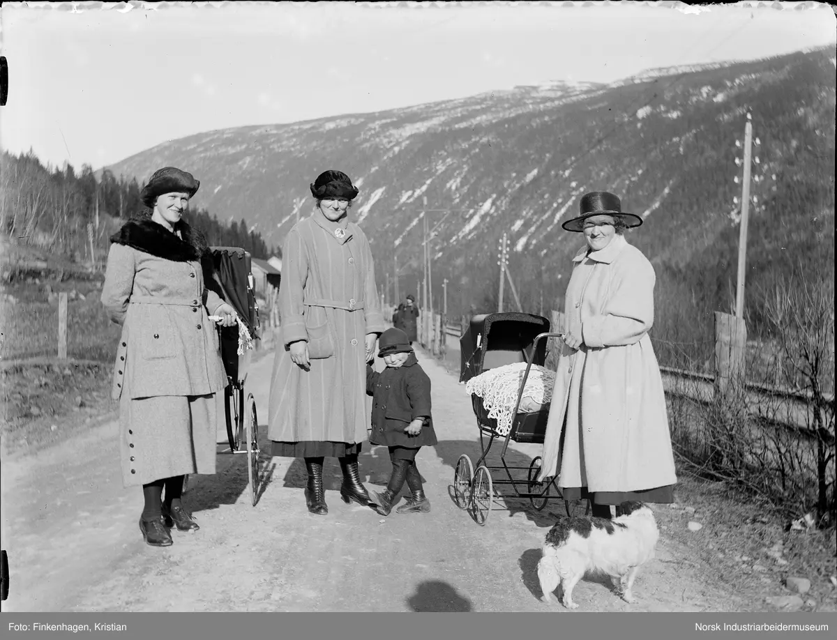 Kvinner og barn med barnevogn og hund på Tvergrot.