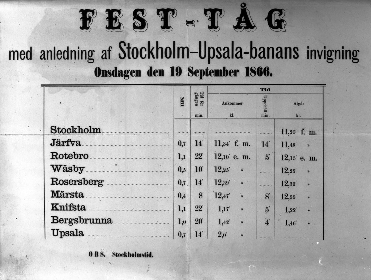 Tidtabell, invigningståg Stockholm - Uppsala.
