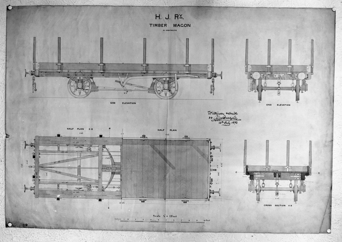 HJ "Timber Wagon"



Ritning av öppen godsvagn för Halmstad-Jönköpings järnväg, HJj.