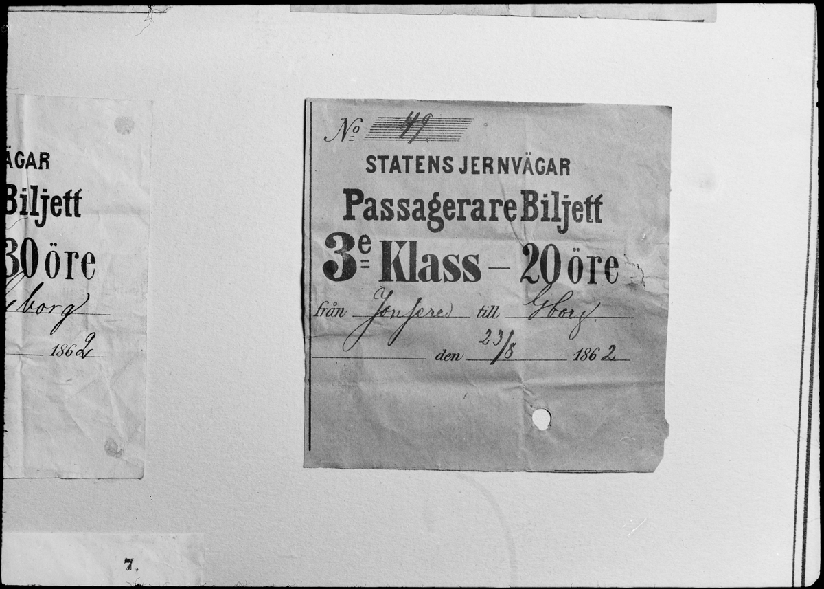 Statens Järnvägar, SJ personbiljett från Jonsered till Göteborg.