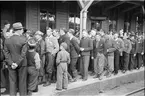 Norska krigsfångar, frigivna från det nazistiska interneringslägret Grini efter Tysklands kapitulation. Här vid Charlottenberg station.