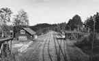 Rockesholm bangård med godsmagasin, kolbrygga och stationshus.