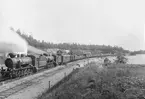 Statens Järnvägar, SJ gjorde stora prov med tryckluftbromsade tåg 9-13 augusti 1920 i backarna på linjen Ånge-Bräcke. Tåget står i södra infarten till Bräcke station.
Loken är två vedeldade E-lok med tryckluftbromsapparater och troligen är det E 1460 och E 1461 (enligt annat foto från proven). Första vagnen är en inlånad Preußisk mätvagn med nummer 8952. Tågsättet består av 132 axlar med en vikt av 1266 ton och det är 694 meter långt.