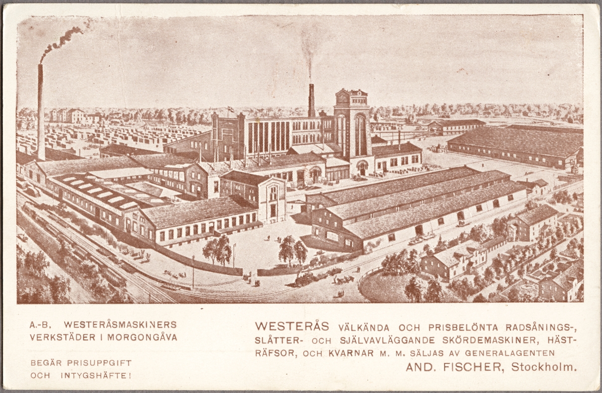 Reklamvykort för AB WESTERÅS MASKINERS verksamhet i Morgongåva.