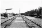 Del av bangården vid Arvidsjaur station. Stationen öppnad 1928 med en- och enhalvvånings stationshus i trä, sammanbyggt med godsmagasinet. Nu för tiden är den säsongstation.