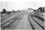 Juni 1956 lokstall m.m. i Borgholm sett från station, spåret till vänster går mot Böda, spåret till höger går mot Färjestaden f d Ölands Järnväg.