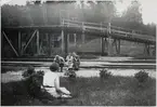 Fotografering vid kolbryggan i Långsjön. I gröngräset sitter Oskar Rapp och Astrid Andersson. Sittandes på huk okänd samt systrarna Siri och Ingeborg Andersson.