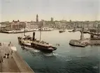 Helsingborg. Hamnen med hjulbåt på ingående 1896. Fotografiet var ursprungligen i svartvitt, men har färglagts av REKA, SJ:s reklamavdelning.