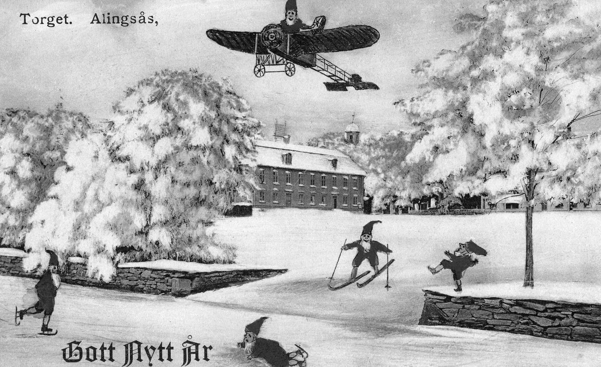 Nyårskort med motiv från Stora torget och med påmålade tomtar.