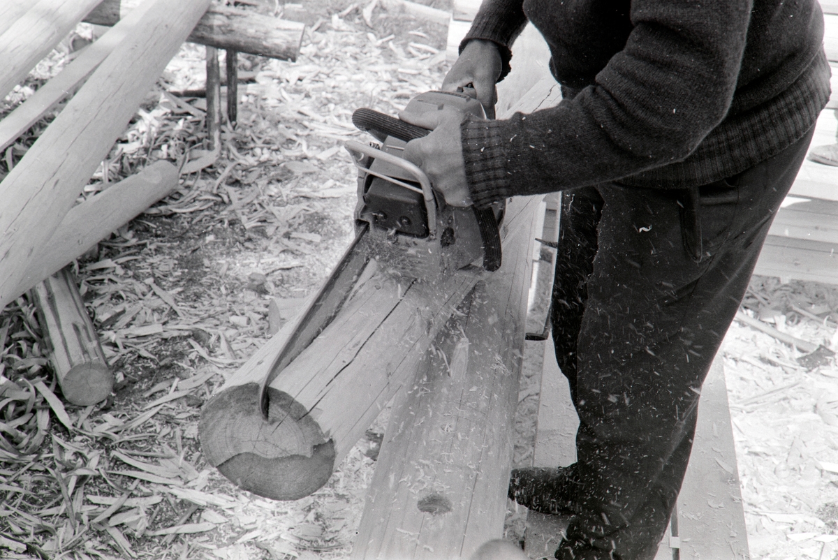 Lafting av skogskoie i A. Brettens skog i Romedal, Stange. Skogseier og byggherre Arne Bretten bruker motorsag.