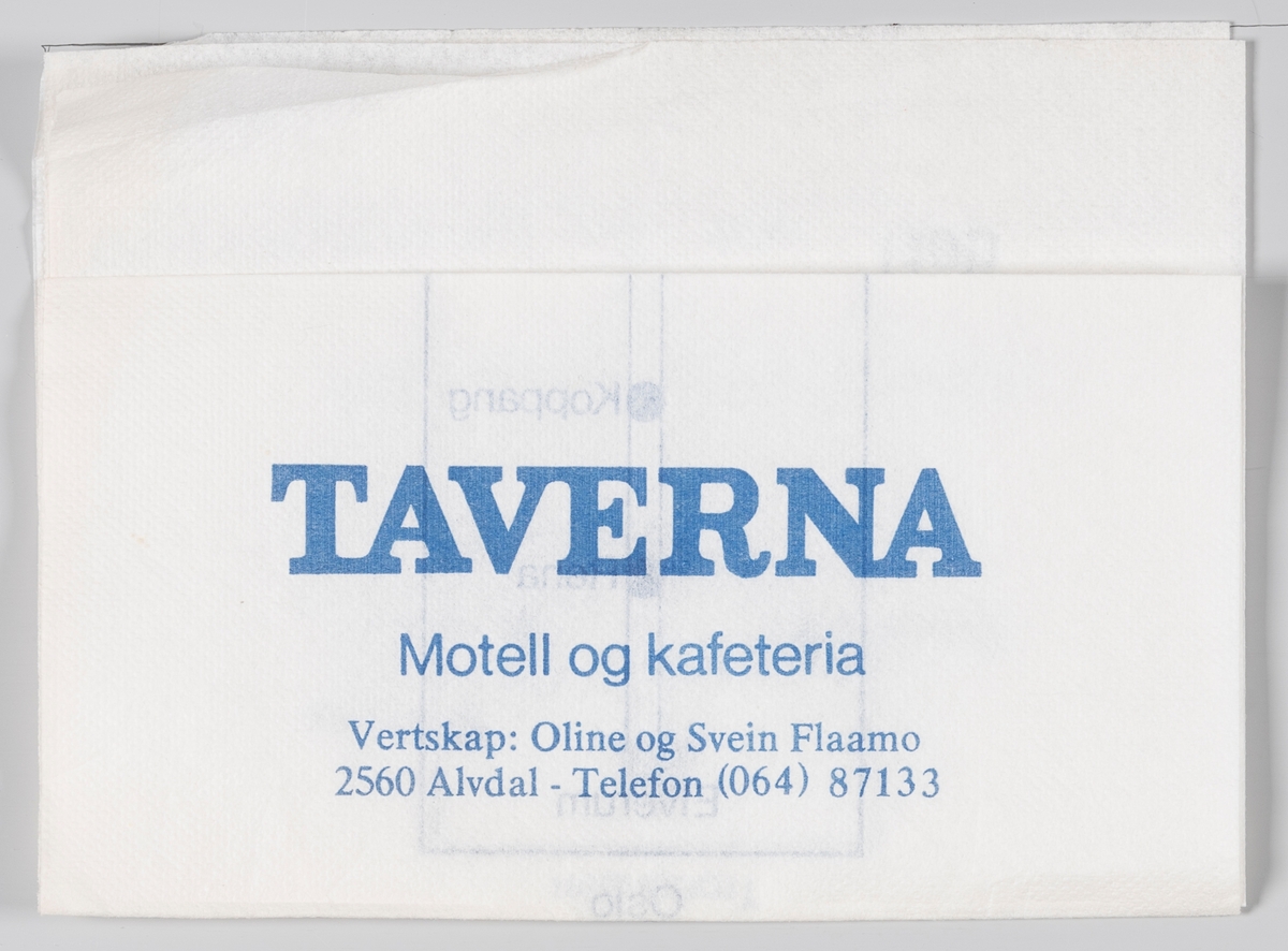 En tegning av bygningen, et veikart og en reklame for Taverna Motell og Kafeteria i Alvdal.