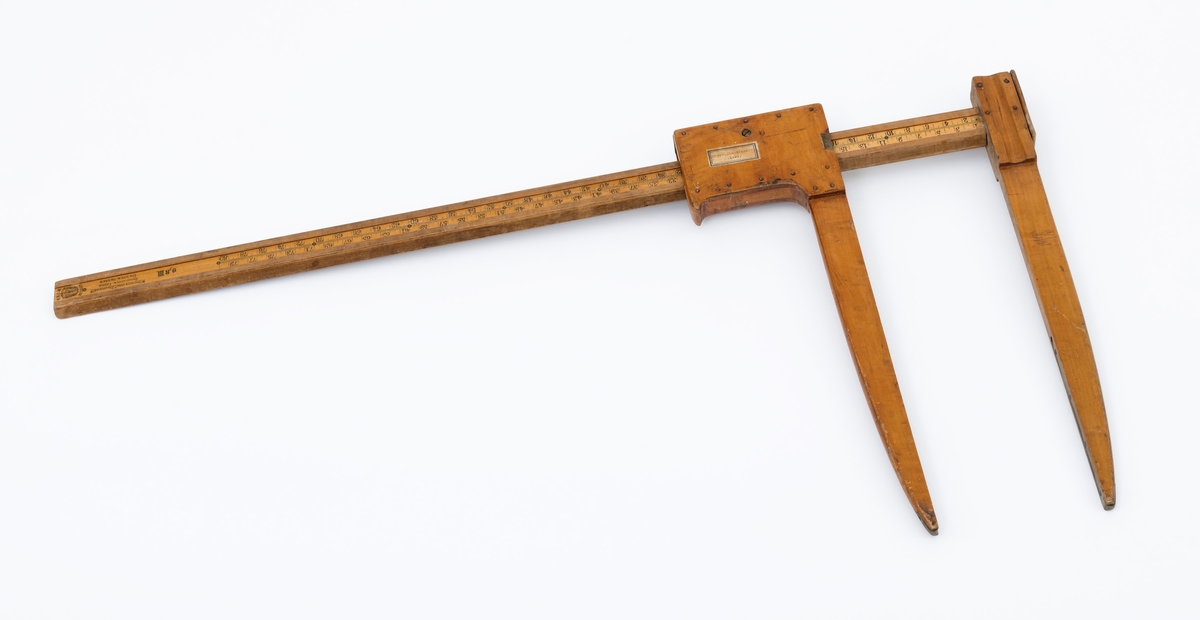 Uvanlig stor måleklave, såkalt «skyveklave», for diameterundersøkelser av stående trær og tømmerstokker. Klaven er lagd av tre. Den har en 101,9 centimeter lang linjal (inkludert den delen som er tappet gjennom den faste klavearmen). Klavelinjalen er 5,0 centimeter bred og snaut 1,4 centimeter tjukk. I den ytre enden er det påtappet en fast klavearm som er 50,6 centimeter lang, hvorav 43,0 centimeter er på den sida av linjalen som skulle vendes mot det objektet som skulle måles. Klaven har også en bevegelig arm, dimensjonert og formet som den faste, men innfestet et 15,7 centimeter langt og 9,5 centimeter bredt (midtmål) handtak, som brukes til å manøvrere den bevegelige armen langs klavelinjalen. Handtaket har en messingskrue, som antakelig skulle kunne regulere friksjonen mellom den bevegelige klavearmen og linjalen. Treverket i linjalen har en påtrykt måleskala med strekmarkeringer med centimetermål på den ene flatsida. Målene avleses der innerkanten av den bevegelige armen møter linjalen når klavearmene ligger an mot barken eller yteveden på trær eller tømmerstokker som skal diametermåles.

Dette er en tyskprodusert tømmerklave, lagd for diametermålinger i et skogbruk der det kunne forekomme trestammer med diametermål som var langt større enn dem som var vanlige i norsk skogbruk. Klavertypen skal særlig ha vært brukt under taksasjonsarbeid.

Eldre gjenstandsbeskrivelse:
«Klaven er lakkert lys brun. Armene er 4 cm brede og 1, 7cm tykke. Mot spissene er de messingbeslått. Den beveglige armen har et kraftig håndtak, 15, 8cm langt og 9, 5cm bredt. Den kan låses med en messingskrue. Denne klaven er en s. k. Heyer-Standinger-klave s om ble brukt mye til taksasjon.»