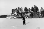 Thure Elgåsen på Stora Trehörningens is.
Vinterbild.
7 mars 1945.