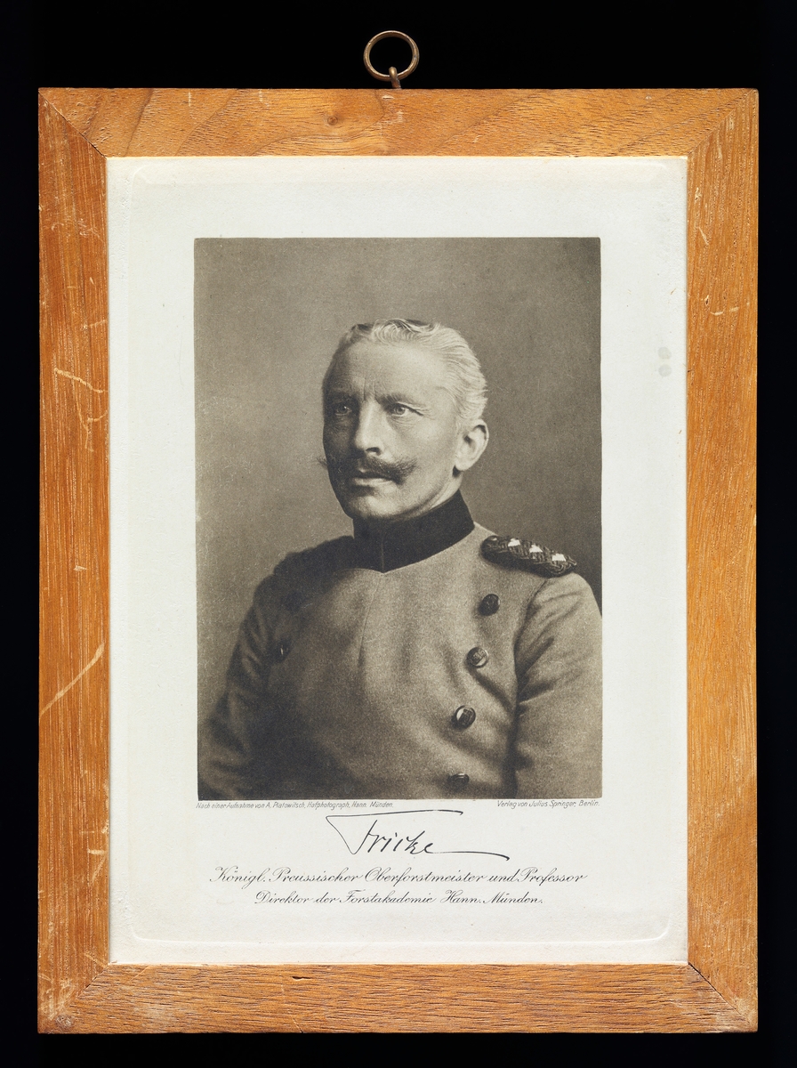 Portrett av forstmannen Karl Fricke (1860-1914), som i perioden 1908-1914 var overforstmester, professor og direktør ved forstakademiet i «Könglich Preussische Forstakademie Hannoversch Münden» i den tyske delstaten Niedersachsen.  Før han fikk denne stillingen hadde han også undervist ved forstakademiet i Göttingen.  Fricke var også aktiv som politiker.  Han døde etter at han – i en alder av 54 år – meldte seg til krigstjeneste for Tyskland i 1914.  På dette portrettet, som er en trykt gjengivelse av et fotografi, ser vi brystet, skuldrene og hodet til en uniformskledd mann.  Uniformen var forholdsvis lys, med unntak av en svart, stående krage og skulderklaffene.  På brystet hadde uniformsjakka store knapper i vertikale rader på begge sider.  Karl Fricke later til å være avbildet som en cirka 50 år gammel mann.  Han hadde lyst, bakoverstrøket hår og en noe mørkere bart. 