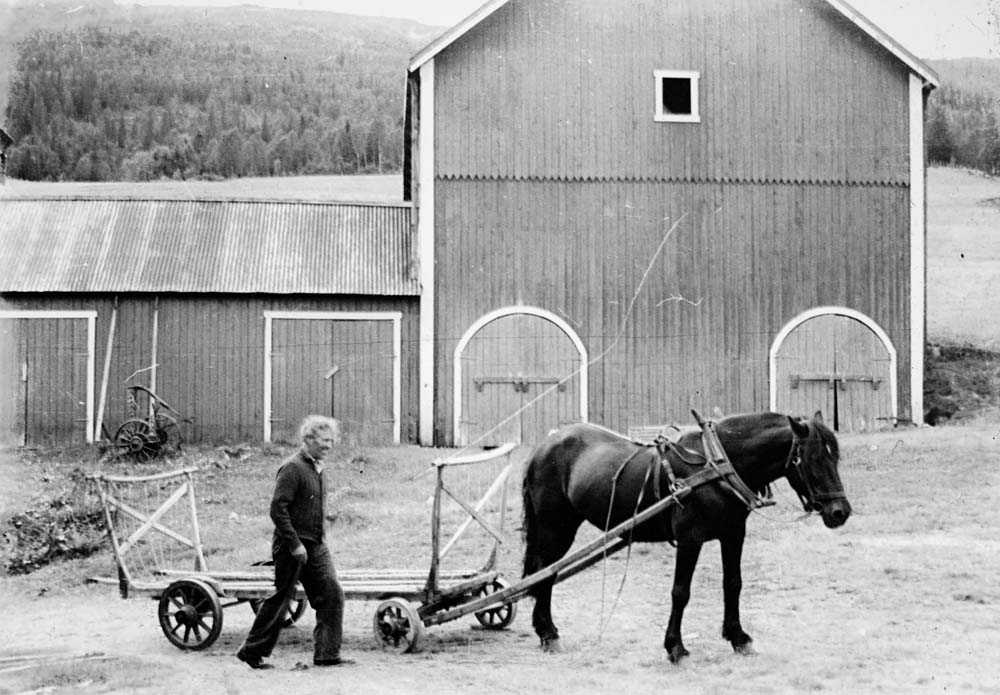 Jørgen Angermo med en hest og vogn utenfor fjøs (antatt Angermoen).