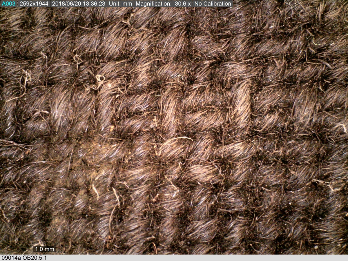 Textildokumentation 2018
Textil, fyndnumret består av mer än 50 st fragment uppdelade på 09014a-h.
Kontextgrupp ÖB20 (övriga fyndnummer i gruppen: 07732, 07762, 09228)
Relaterade fynd: Kontextgrupp ÖB17 och ÖB 18.
.
Fnr 09014a Typnr ÖB20.3:1
Sammanfattning - Ett textilfragment av ull vävt i tuskaft. Färgen är nu mörkbrun, fibrerna varierar i färg vilket tyder på att det är naturfärgad ull. Fibrerna är i vissa partier skadade på ytan och ser därför vita ut. Väven är tunn, jämn och fin och har inga spår av ytbehandling. Fragmentet har tre tillskurna kanter, två av dessa har spår av tre olika sömmar (söm 1: kvicksöm/förstygn). Formen tyder på att det är ett skört till en tröja. Andra delar: Jämför med 07726. 
.
Fnr 09014a Typnr ÖB20.4:1
Sammanfattning - Ett textilfragment av ull vävt i tuskaft. Färgen är nu mörkbrun, originalfärg okänd. I mikroskop ser tyget blåsvart ut. Väven är mycket jämn och slät. I sömsmånen på sida A finns bevarad lugg, på sida B är luggen så välbevarad att bindningen inte syns. Fragmentet har två tillskurna kanter med hål och avtryck av sömmar, även trådrester finns (söm 1: kaststygn - fälld kant, söm 2: ev förstygn - sammanfogande, söm 3: kaststygn - fälld kant). På sida B finns blåfärgad ull och silkesfibrer. 
.
Fnr 09014a Typnr ÖB20.5:1
Sammanfattning - Ett textilfragment av ull vävt i tuskaft. Väven är jämn och tät. En av kanterna är troligen tillskuren, inga sömrester finns. Tyget har inga spår av ytbehandling. På ytan finns en del bastfibrer. Relaterade fynd: Vävens struktur liknar ÖB20.4:1 men tygerna har ändå olika karaktär och detta fragment saknar lugg. 
.
Fnr 09014a Typnr ÖB20.6:1
Sammanfattning - Ett textilfragment av ull vävt i tuskaft. Färgen är nu brun, originalfärg är okänd men möjligen naturfärgad, fibrerna är mycket släta och varierar i färg från brun till nästan svart. Fragmentet är litet och mycket skadat, endast några få bindepunkter återstår vilket försvårar mätningar. 
.
Fnr 09014a Typnr ÖB20.7:1
Sammanfattning - Ett textilfragment av  ull vävt i tuskaft. Färgen är svartbrun, originalfärg okänd men möjligen naturfärgad då fibrernas färg varierar. Inga tydliga spår av ytbehandling. Väven är jämn men garnet är hårt spunnet vilket ger tyget en kypertkaraktär (falsk kypert). Fragmentet har inga tillskurna kanter eller sömmar. På ytan finns enstaka vita silkesfibrer.
.
Fnr 09014a Typnr ÖB20.8:1
Sammanfattning - Ett textilfragment av ull. Fragmentet är mycket litet och dåligt bevarat så bindningen är svår att avgöra, troligen 2/2 kypert. Färgen är svart, möjligen naturfärgad ull då fibrerna varierar något i färg. Tyget har ingen synlig ytbehandling. Garnet är hårt spunnet vilket ger tyget en speciell karaktär. 
.
Fnr 09014b Typnr ÖB17.1:8-11
Sammanfattning - Fyra textilfragment av ull vävt i tuskaft. Färgen är mörkbrun, originalfärg okänd men den bruna tonen slår mot röd. Tre av fragmenten har tillskurna kanter och spår av sömmar. Andra delar, som troligen kommer från samma tröja, är fnr 03261a och d, 09014h samt 09228a. 
Fragment ÖB17.1:9 - Fragmentet har två tillskurna kanter varav den ena har spår av en söm. Fragmentet är troligen sidostycket till en tröja. Den tillskurna kanten har då varit monterad mot tröjans bakstycke och bör ha hört samman med fyndnummer 03261d, vilket är ett bakstycke till en tröja.
Fragment ÖB17.1:10 - Fragmentet är mycket skadat men är troligen av typen ÖB17.1. Formen är densamma som för del av fragment ÖB17.1:9 och kan därför vara en dubblering av detsamma, alternativt det motstående sidostycket.
.
Fnr 09014c Typnr ÖB20.9:1-19
Sammanfattning - Nitton textilfragment av ull vävt i tuskaft. Färgen är brun, originalfärg okänd. Sida B har en kort tät lugg som döljer bindningen. På sida A finns ingen lugg och bindningen är synlig. Fjorton av fragmenten har tillskurna kanter och sömmar. Tre av fragmenten har sydda knapphål. Flera fragment är dräktdelar, till exempel finns en fragmentarisk krage. På ytan på flertalet fragment finns fibrer i flera klara färger, till exempel rosa, röd och blå. Vita fibrer finns i stor mängd, kan vara recenta.

Fragment ÖB20.9:1 - Fragmentet har flera tillskurna kanter med avtryck och hål efter olika typer av sömmar (söm 1: ev. sammanfogande, söm 2: kaststygn - fåll, söm 3: kaststygn - sammanfogande, söm 4: kaststygn - sammanfogande, söm 5: osäkert, söm 6: osäkert), trådrester finns. Kanterna och sömmarnas karaktär gör att sida A bedöms vara plaggets rätsida/utsida. Några hål som ej är stygnhål men kan vara original finns. I fragmentet sitter fast två stycken silkestrådar (söm 7: silkestråd med knut, fäst i tyget, söm 8:  silkestråd med ögla, fäst i tyget). Det är samma typ av tråd som knapphålen på fragment ÖB20.9:2 är sydda med. På sida A finns ett område med extra mycket korrosion och även en långsmal vitaktig avlagring.

Fragment ÖB20.9:2 - Fragmentet har inga bevarade tillskurna kanter, dock finns en någorlunda välbevarad rad med knapphål. Samtliga knapphål är trasiga i ena sidan så deras ursprungliga storlek går ej att avgöra. Knapphålen är sydda med knapphålsstygn i silkestråd och sitter med 13-15 mm mellanrum (c/c mått). Det tvärställda tränsen består av ca 10 stygn och syns ej på sida B, tränsens knutar sitter vända från knapphålet. På sida B anas rester av bastfiber under knapphålsstygnen, troligen från en dubblering av tyget eller ett foder. 

Fragment ÖB20.9:3 - Fragmentet har fyra stycken knapphål, varav ett är helt. Knapphålen är skurna på skrådden. Eventuellt finns spår av en söm längs en del av kanten. Knapphålsstygn och trådrester är mycket fragmentariska.

Fragment ÖB20.9:4 - Fragmentet har tre stycken knapphål.  Knapphålen är sydda med knapphålsstygn i silkestråd. Knapphålens längd är 19-20 mm och de sitter med 18-22 mm mellanrum (c/c mått). Eventuellt är fragmentets ena kant en sömsmån, kan ha varit monterad mellan andra tyglager (kanten har avvikande färg). Under knapphålsstygnen på sida B finns rester av annat material, eventuellt bastfiber. Bastfibrer finns också utspridda över ytan på sida B, kan vara rester av en dubblering till tyget eller ett foder, se fragment 9:2. På sida A finns avlagringar och korrosion. 

Fragment ÖB20.9:5 - Fragmentet har bristningar i tyget som ser ut som knapphål, dock finns inga rester av stygnhål eller tråd. Fragmentets ena kant är troligen en sömsmån, kan ha varit monterad mellan andra tyglager (kanten har avvikande färg). Enstaka spår av söm och tråd finns längs kanten (söm 1), dessa är mycket otydliga. På fragmentets andra (mycket trasiga) kant finns ett mycket tydligt stygnhål. Fragment 9:4 och 9:5 ser ut att kunna höra ihop, dock går trådsystemen åt olika håll så det är inte fallet.

Fragment 9:6-9 - Till det stora fragmentet 9:6 hör det lilla lösa fragmentet 9:7. I fragment 9:6 sitter två fragment fastsydda, 9:8 och 9:9. De sammansydda fragmenten har tre tillskurna kanter och spår av minst fem sömmar (söm 1: kaststygn, söm 2: förstygn el. liknande - sammanfogande, söm 3: kaststygn, söm 4: sammanfogande, fäster ihop 9:6 med 9:8 och 9:9, söm 5: två stygnhål), trådrester finns. Det är troligt att 9:8 och 9:9 är delar av samma tillskurna bit, och att den utgjort en dubblering till 9:6 (inklusive 9:7). Den tillskurna formen ser ut att vara en krage. Fragmentet skulle då vara en halv krage, bevarad från framkant till nästan mitt bak. På sida A finns en beläggning på delar av ytan. På sida B finns en mängd fibrer i klara färger: blå, vit, rosa, tegelröd, orange, karminröd, grön, mörkgul och grå. fibrerna ligger ytligt med nästan samtliga sitter delvis fast i tygets lugg eller har en eller båda ändar nere i vävens bindning. Fibrerna bör därför vara ursprungliga. Sida A har en mindre mängd av nämnda fibrer, mest förekommande på ytan av fragment 9:8 och 9:9.

Fragment ÖB20.9:10 - Fragmentet har två tillskurna kanter. Dessa är invikta mot sida B som en 6-7 mm bred fåll som är fastsydd med kaststygn, trådrester finns (söm 1 och 2). Fragmentet kan vara ett skört till en tröja. På båda sidors yta finns fibrer i klara färger: grå, ljusblå, orange, orangebrun, vitgul, blå svart, vit, röd, korallröd och rosa.

Fragment ÖB20.9:11 - Fragmentet har tre tillskurna kanter med sömmar. Två av kanterna är invikta och fastsydda mot sida B, som fållar (söm1: kaststygn - fåll, söm 2: kaststygn - fåll). Stygnen går ej igenom till sida A men sömmen syns som bucklor i fragmentets yta. Söm 3 längs den tredje kanten har troligen varit en sammanfogande söm sydd med kaststygn. Stygn och trådrester finns bevarade från samtliga sömmar. Under fållen vid söm 1 finns ett litet fragment av en annan textiltyp. Troligen ursprungligen en dubblering eller liknande. Fragmentet är ca 10x5 mm stort och har fått typnummer ÖB20.16:1. På ytan på sida B finns enstaka bastfibrer.

Fragment ÖB20.9:12 - Fragmentet har två tillskurna kanter med sömmar (söm 1: ev kaststygn, söm 2: osäker). Vid söm 2 är sömsmånen vikt mot sida B. Vid söm 1 är kanten inte vikt. Fragmentet har samma form som ÖB20.9:6, "kragen".

Fragment ÖB20.9:13 - Fragmentet har två tillskurna kanter med sömmar (söm1: sammanfogande, söm 2: osäkert). De två övriga kanterna är eventuellt också de tillskurna men spår av eventuella sömmar är för otydliga. Enstaka fibrer med klara färger (rosa, blå, vit) finns på båda sidor, fler på sida B. Vid söm 2 finns på ett ställe en fiberknippa som kommer upp ur vävens bindning, kan vara rester av en tråd och är eventuellt halsplat silke. 

Fragment ÖB20.9:14 - Fragmentet har en tillskuren kant med söm (söm1: ev sammanfogande). I stygnhålen finns rester av tråd.
.
Fnr 09014c Typnr ÖB20.10:1
Sammanfattning - Ett textilfragment av ull vävt i tuskaft. Färgen är brun, originalfärg okänd. Sida B har en kort och tät lugg, bindningen syns bara på sida A. Längs ena kanten finns tre stycken tydliga hål. Hålen är gjorda med ett verktyg som skär av fibrerna snarare än tränger undan dem.
.
Fnr 09014c Typnr ÖB20.16:1
Sammanfattning - Fragmentet är mycket litet och sitter inuti den invikta fållen på fragment 09014c ÖB20.9:11, det sticker bara fram någon millimeter. Fragmentet är mycket skört. Bevarandegrad och storlek gör mätningar svåra. Det är olika garn i trs 1 och trs 2. Sida B är täckt av en lugg, på sida A syns bindningen, om än fragmentariskt.
.
Fnr 09014d Typnr ÖB18.16:2-8
Ej dokumenterad
.
Fnr 09014d Typnr ÖB20.11:1-2
Ej dokumenterad
.
Fnr 09014e Typnr ÖB20.12:1-4
Sammanfattning - Fyra textilfragment av ull vävt i tuskaft. Färgen är brun med inslag av täckhårsfibrer i en mörkare brun färg, originalfärg okänd. Fragmenten är mycket fragmentariska med trs 1 bättre bevarat än trs 2. Enbart på en del av fragment ÖB20.12:1 finns trs 2 samt bindningen bevarad. Utspridda över tygets yta finns grova bastfibrer samt korrosionsfläckar. 
.
Fnr 09014f Typnr ÖB20.13:1
Sammanfattning - Ett textilfragment av ull vävt tuskaft. Färgen är mörkbrun, fibrerna varierar mellan ljus och mörk brun. Originalfärg okänd, möjligen naturfärgad ull. Garnet är hårt spunnet vilket ger väven en särskild karaktär, sida A har en mer strukturerad ytan än sida B. Fragmentet har inga tillskurna kanter. På sida A finns enstaka röda och gulgröna silkesfibrer, samt bastfibrer. På sida B finns enstaka blå, vita och rosa silkesfibrer.
.
Fnr 09014g Typnr ÖB20.14:1-3
Sammanfattning - Tre textilfragment av ull och bastfiber vävt i tuskaft. Färgen är beige för bastfibern (trs 1) och svartblå för ullen (trs 2). Trs 2 är mycker grövre än trs 1. Trs 1 är nästan helt försvunnet. Två av fragmenten har tillskurna kanter och ett har spår av en sömsmån. På ytan av fragmenten finns en stor mängd bastfiber samt en vit/rosa tuss med silke. På fragment 14:2 finns några intensivt blå ullfibrer.
.
Fnr 09014h Typnr ÖB17.1:12-13
Sammanfattning - Två textilfragment av ull vävt i tuskaft. Färgen är brun, originalfärg okänd. Det större fragmentet är tillskuret och har spår av sömmar. Fragmentet är en ensömsärm med sömmen placerad mitt bak på ärmen. På ytan finns stora rostfläckar. Andra delar: Hör troligen (trots färgskillnad) till skelettet Beatas tröja, se fnr 03261a-d, 09228a, 09014b och h.