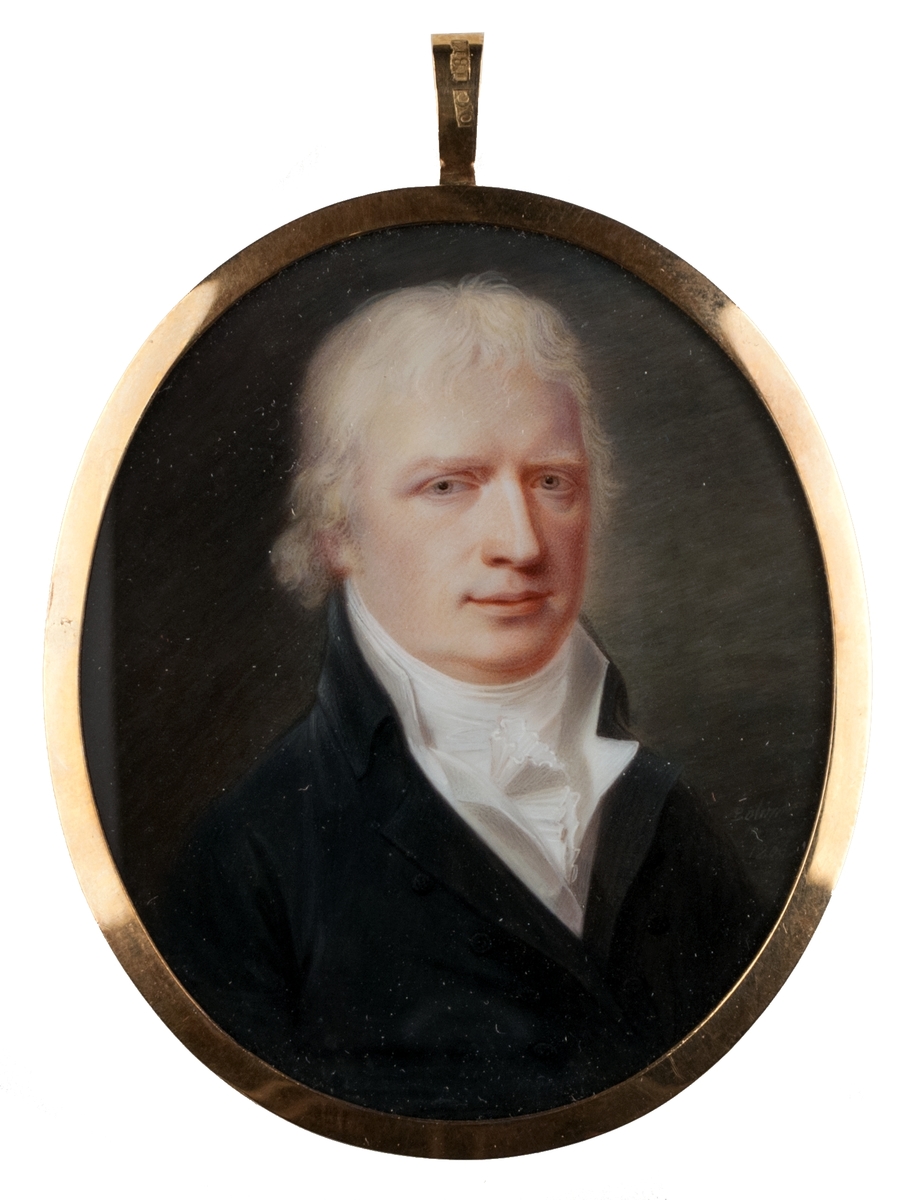 Miniatyr, föreställande landskamreraren herr Samuel Storm. 
Signerad Bolinder pinxit 1806.
Tillhörande etui av rött läder, ljusblått sidenfoder.