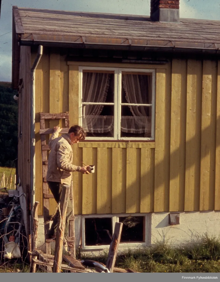 Kunes, sommeren 1963. Maling av huset til Petter Karlsen i Henriksbukta. Personen på bildet er ikke identifisert. Kunes (samisk: Gussanjárga) er en bygd i Lebesby kommune i Finnmark. Stedet ligger innerst i Storfjorden. Fylkesvei 98 passerer igjennom Kunes. Fotografen, Richard Bergh, har også skrevet et hefte som heter: "Når vi sitt' her og prate". Folk i Laksefjord forteller. Norsk Folkeminnelags skrifter nr. 122. H. Aschehoug & Co. (W. Nygaard). Oslo 1980. ISBN 82-03-10187-9. Fylkesbiblioteket har også et flyfoto av Petter Karlsens gårdsbruk, tatt av Widerøe Flyselskap: 
Bilde: FBib.93104-015