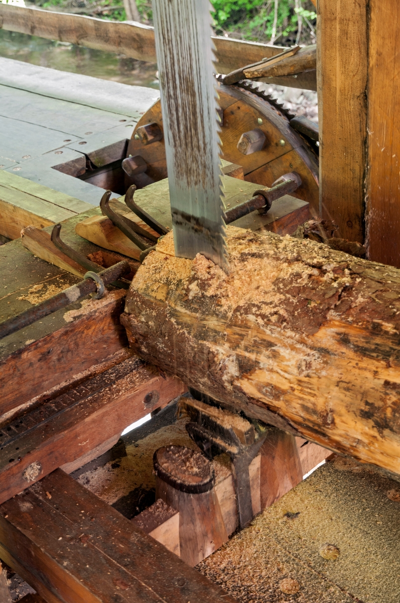 Detalj fra saginnretningen i det rekonstruerte oppgangssaghuset ved den nederste dammen i Gjersjøelva, som danner grenselinje mellom Oslo og Oppegård kommuner.  Fotografiet viser hvordan enden av en forholdsvis grov, men ikke helt fersk, furustokk er lagt an mot den fremre dyna på sagbenken (sagvogna).  Bildet ble tatt akkurat idet den enkeltbladete sagramma nådde toppstilling.  Vi merker oss at sagtennene var støtstilte med sikte på at de skulle skjære ved nedadgående bevegelse.  Bak sagbladet skimter vi materhjulet, ei rund treskive med framstikkende, kraftige tretapper (”knaster”) på den ene sida og et sirkelformet, sagtakket jernbeslag på den andre (yttersida).  Mot takkinga på dette hjulet ligger det an en "matearm" (øverst) og en "pal", som komponenter som er koplet til hverandre via en kjettingstubb. Disse komponentene inngår i en mekanisme som trekker sagbenken langsomt, men sikkert, fram mot sagramma. 