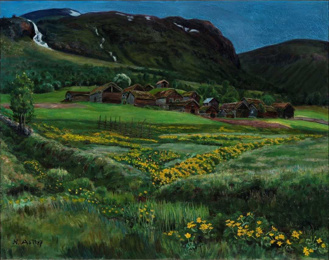 Juninatt og gammelt vestlandstun [Maleri]