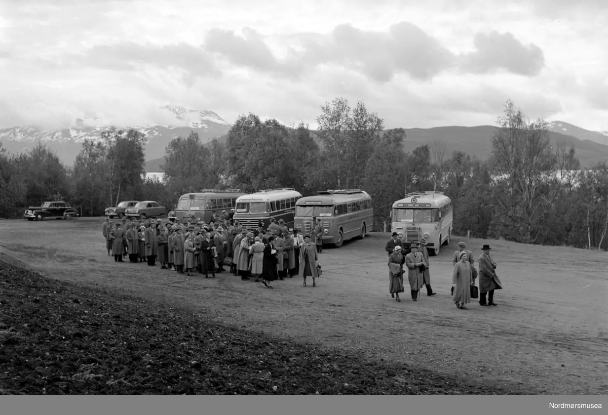 Bilene fra venstre: Opel Kapitän 1950-53, Ford Zephyr Six 1950-55, Ford Consul 1950-55.
(info: Ivar E. Stav) - og 4 busser

Foto fra 1000-årsjubileet for slaget på Rastarkalv. Slaget på Rastarkalv var et slag i 955 mellom Eirikssønnene og Håkon Adalsteinsfostre. Eirikssønnene ledet en hær som bestod av norske og danske vikinger, tildelt av den første danske kongen, Harald Blåtann. Håkon Adalsteinsfostre vant slaget og tvang danskene til retrett. (Kilde: Wikipedia). Bildet er datert 1955. Fotograf er Nils Williams. Fra Nordmøre museums fotosamlinger.