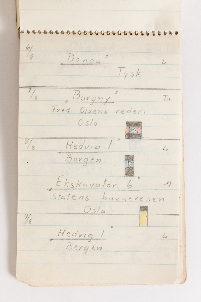 Notatbok av Gunnar Didriksen med  nedtegnelser over båt- og flytrafikk i Harstad sommeren 1942 med tegninger 